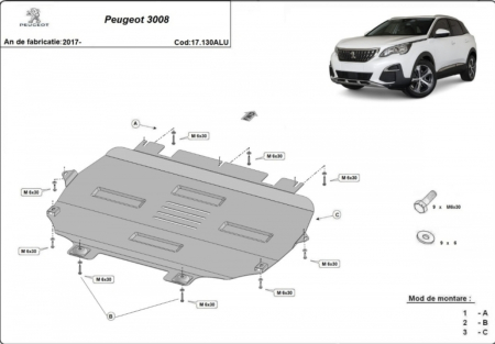 Scut motor Peugeot 3008 - Scut Aluminiu 3mm Motor, Cutie, Radiator și Bară Peugeot 3008 (2017+)