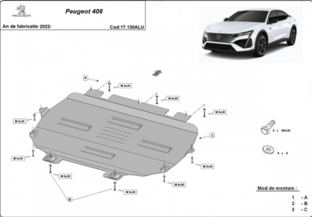 Scut motor Peugeot 408 - Scut Aluminiu 3mm Motor, Cutie, Radiator și Bară Peugeot 408 (2022+)