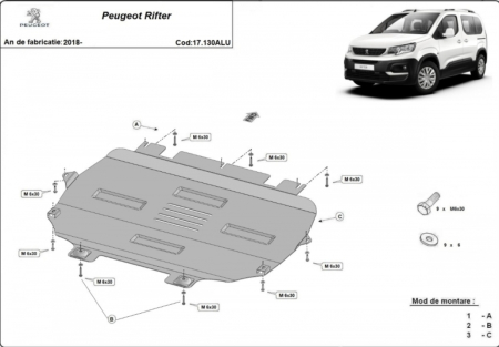 Scut motor Peugeot Rifter - Scut Aluminiu 3mm Motor, Cutie, Radiator și Bară Peugeot Rifter (2018+)