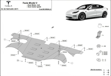 Scut motor Tesla 3 - Scut aluminiu motor spate Tesla Model 3 AWD RWD 2017-2026