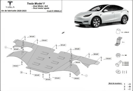 Scut motor Tesla Y - Scut aluminiu motor spate Tesla Model Y AWD RWD 2020-2023