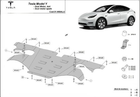 Scut motor Tesla Y - Scut aluminiu motor spate Tesla Model Y Juniper AWD RWD 2024-2026