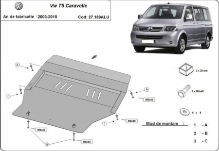 Scuturi metalice - Scut motor aluminiu Volkswagen Caravelle T5 2003 - 2015 grosime 4 mm