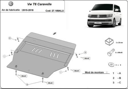Scuturi metalice - Scut motor aluminiu Volkswagen Caravelle T6 2015 - 2022 grosime 4 mm