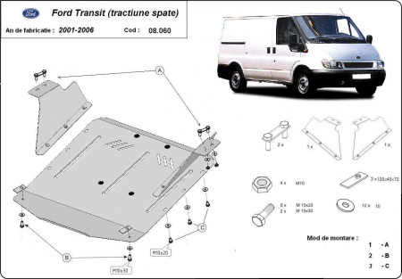 Scut motor Ford - Scut motor metalic Ford Transit 2001-2006, 2.0Td, 2.4Td (tractiune spate)