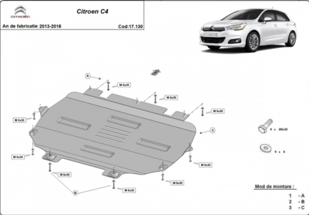 Scuturi metalice - Scut motor metalic Citroen C4 2013-2018 otel 2mm cod 17.130 Karmaster