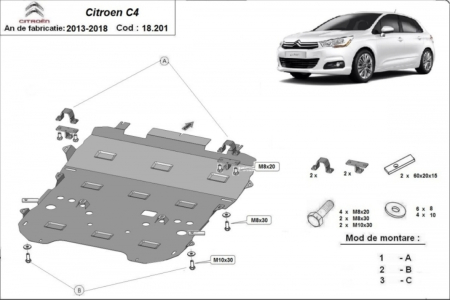 Scuturi metalice - Scut motor metalic extins Citroen C4 2013-2018 bara fata otel 2mm cod 18.201 Karmaster