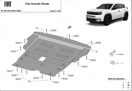 Scut motor Fiat Grande Panda - Scut motor metalic oțel 2mm Fiat Grande Panda hibrid termic după 2025 Model 2