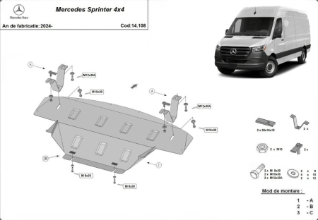 Scut motor Mercedes Sprinter - Scut protectie integrala metalic 2mm Karmaster compatibil Mercedes Sprinter 4x4 2024+ motor cutie radiator 14.108