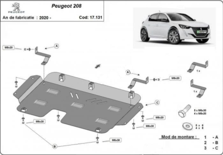 Scut motor Peugeot 208 - Scut motor metalic Peugeot 208 (2019-2025) oțel 2mm cod 17.131 karmaster.ro
