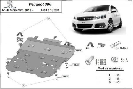 Scut motor Peugeot 308 - Scut motor metalic Peugeot 308 2018 - prezent