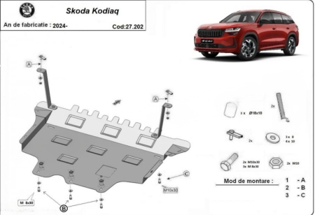 Scut motor Skoda Kodiaq - Scut Motor Metalic Oțel Skoda Kodiaq II (2024 - Prezent) - Protecție Integrală 2mm cu Fereastră Vizitare Ulei