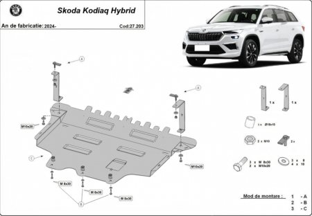 Scuturi metalice - Scut motor metalic din oțel de 2mm pentru Skoda Kodiaq Hybrid 2024-2026 cod produs 27.203