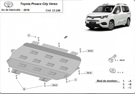 Scut motor Toyota Proace - Scut metalic de protecție motor, cutie de viteză și radiator Toyota Proace City Verso (2019-2026), oțel 2mm, cod 17.130