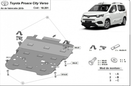 Scut motor Toyota Proace - Scut metalic de protecție motor, cutie de viteză, radiator și bară față Toyota Proace City Verso (2019-2026), oțel 2mm, Model 2, cod 18.201