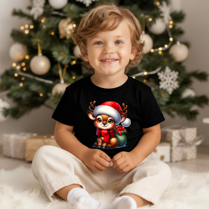 Tricou copil negru Renul cu sacul de cadouri [1]