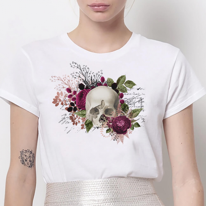 Tricou Dama Alb Floral Skull [1]