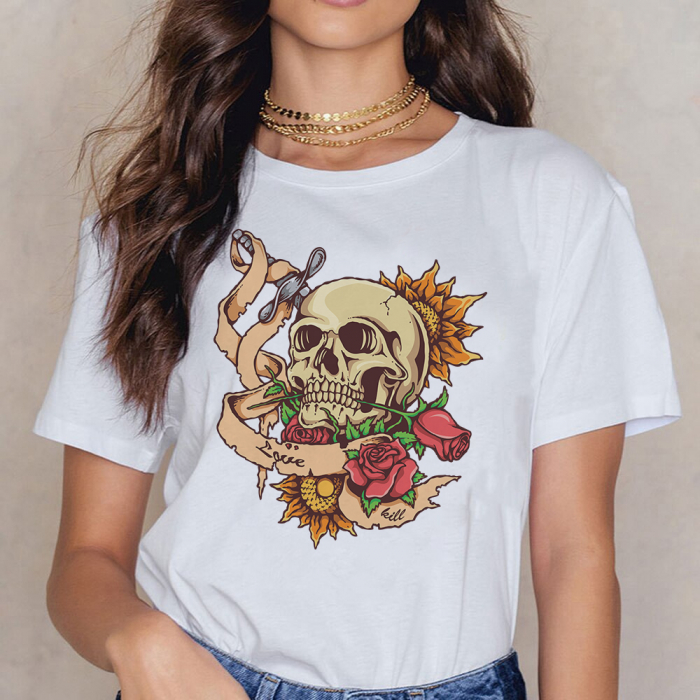 Tricou Dama Alb Skull With Rose [1]