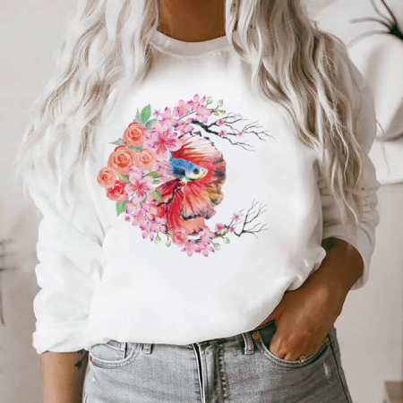 Bluze Flori - Bluza Dama Alba Watercolor Fish Flowers