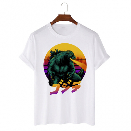 Tricouri Anime - Tricou Unisex Alb Godzilla Retrowave