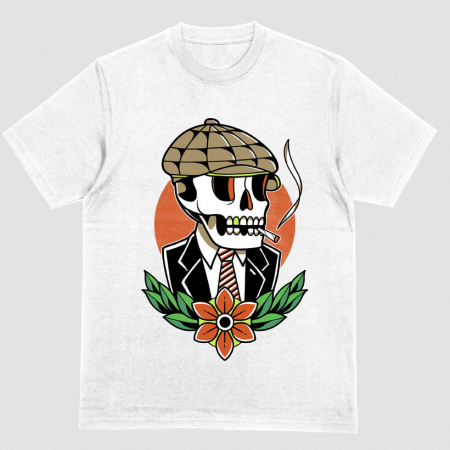Tricouri Skull - Tricou Unisex Alb Smoking Skull