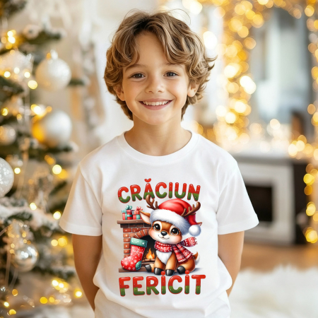 Tricouri X-mas - Tricou copil alb Craciun fericit la semineu
