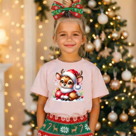 Tricouri X-mas - Tricou copil roz Renul si globurile de Craciun