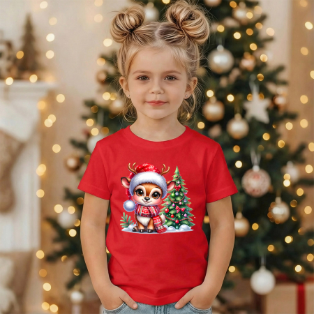 Tricouri X-mas - Tricou copil rosu Renul langa brad