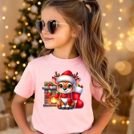 Tricouri X-mas - Tricou copil roz Renul la semineu