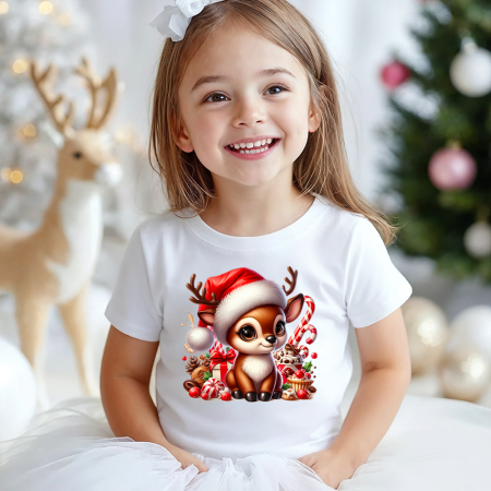 Tricouri X-mas - Tricou copil alb Renul printre dulciuri de Craciun