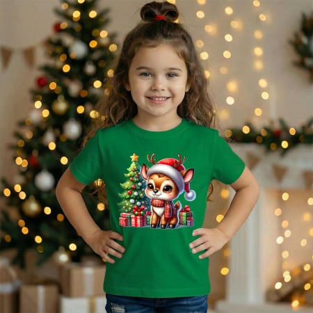 Tricouri X-mas - Tricou copil verde Renul cu brad si cadouri