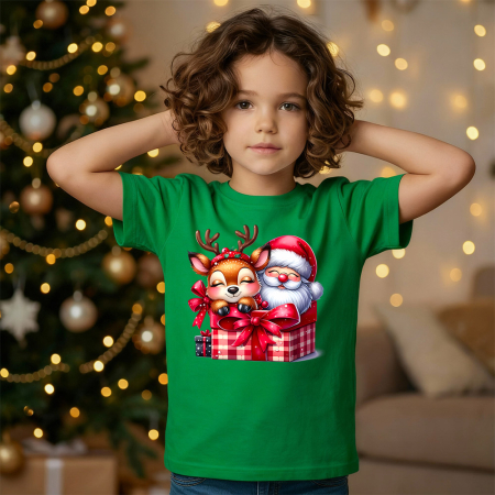 Tricouri X-mas - Tricou copil verde Mosul si renul din cadou