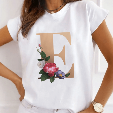 Femei - Tricou Dama Alb Alfabet Litera E