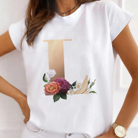 Femei - Tricou Dama Alb Alfabet Litera L