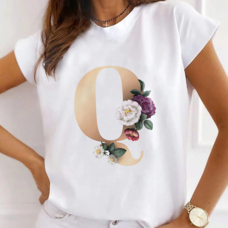 Femei - Tricou Dama Alb Alfabet Litera Q