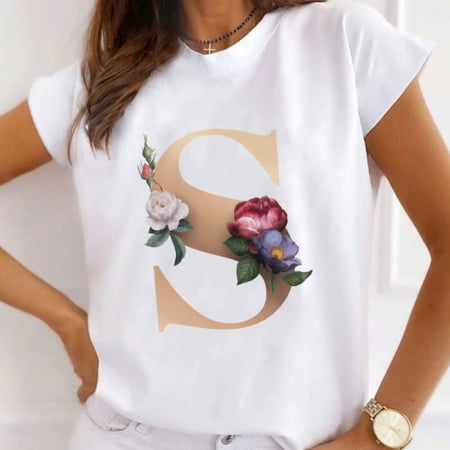 Femei - Tricou Dama Alb Alfabet Litera S