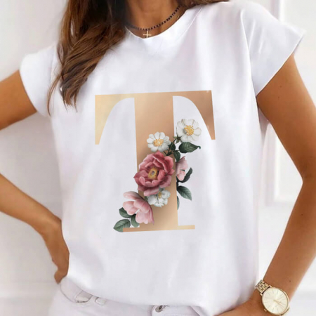 Femei - Tricou Dama Alb Alfabet Litera T