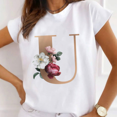 Femei - Tricou Dama Alb Alfabet Litera U