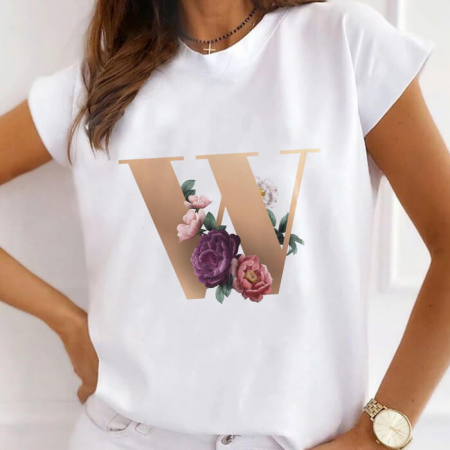 Femei - Tricou Dama Alb Alfabet Litera W