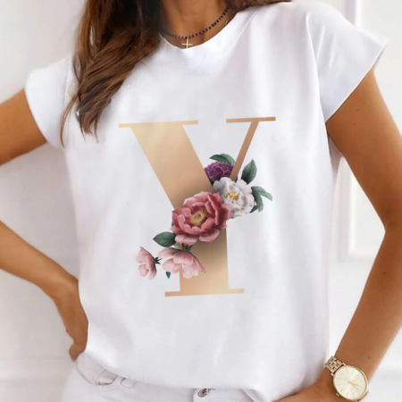 Femei - Tricou Dama Alb Alfabet Litera Y