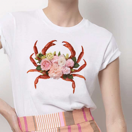 Tricouri Flori - Tricou Dama Alb Floral Crab