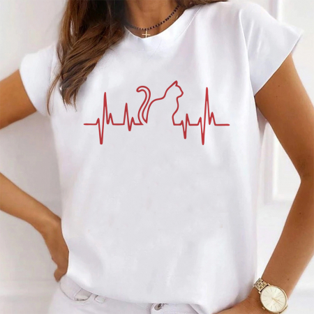 Femei - Tricou Dama Alb Cat Heartbeat