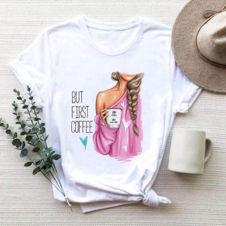 Tricouri Coffee - Tricou Dama Alb But First Coffee (Pink)