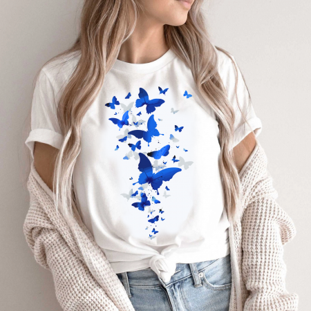 Tricouri Fluturi - Tricou Dama Alb Blue Buterfly