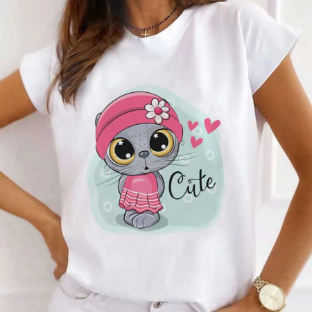 Femei - Tricou Dama Alb Cute Cat