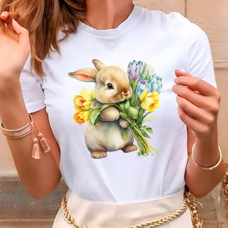Tricouri Paste - Tricou Dama Alb Bunny Flowers