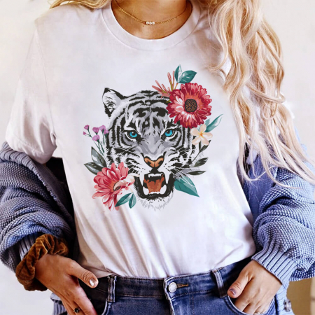 Tricouri Flori - Tricou Dama Alb Flowers Tiger