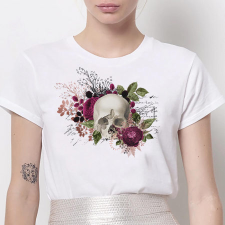 Tricouri Skull - Tricou Dama Alb Floral Skull