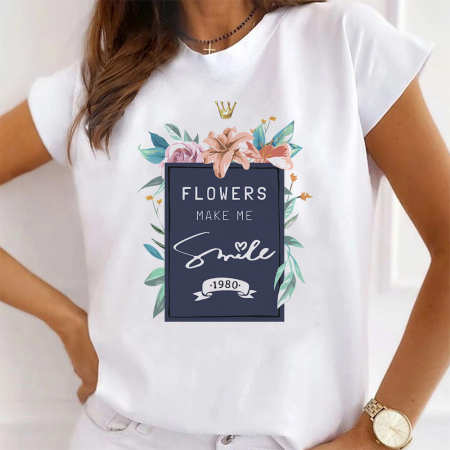 Femei - Tricou Dama Alb Flowers Make Me Smile