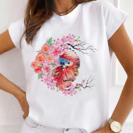 Tricouri Flori - Tricou Dama Alb Watercolor Fish Flowers